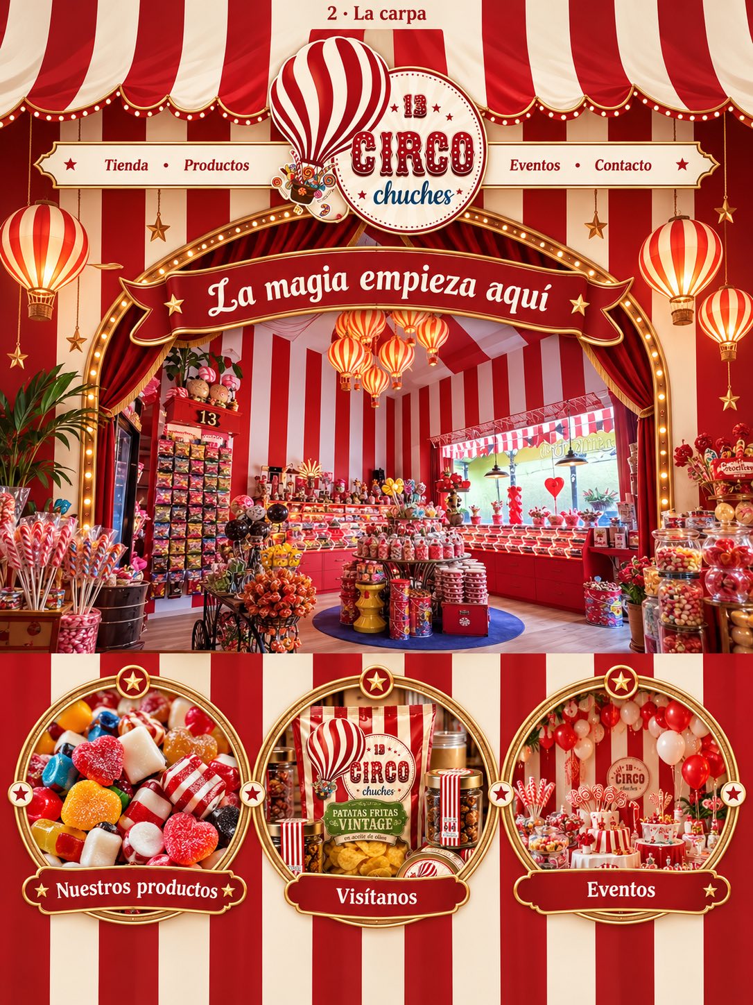 Circo Chucherías: carpa roja y blanca, logo del globo e interior de la tienda