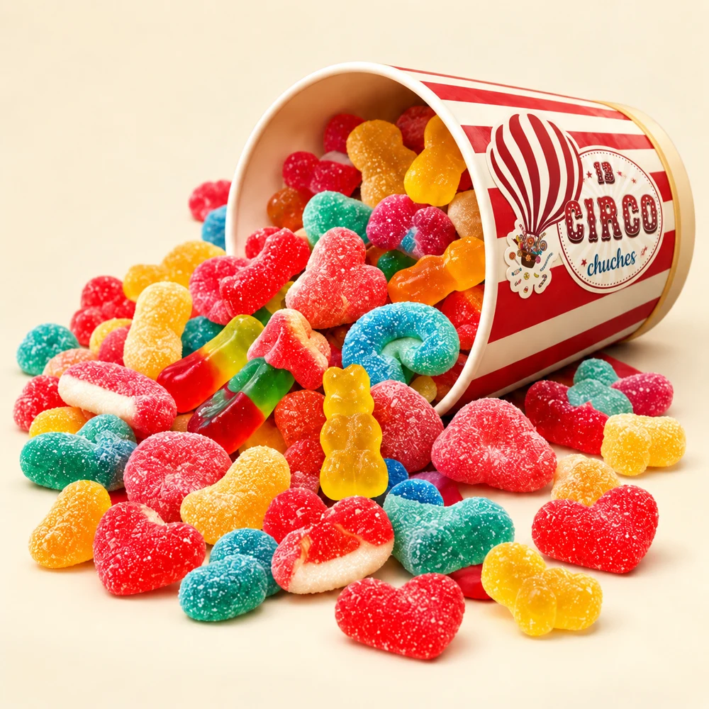 Cubo rojo y blanco volcado con chucherías de colores