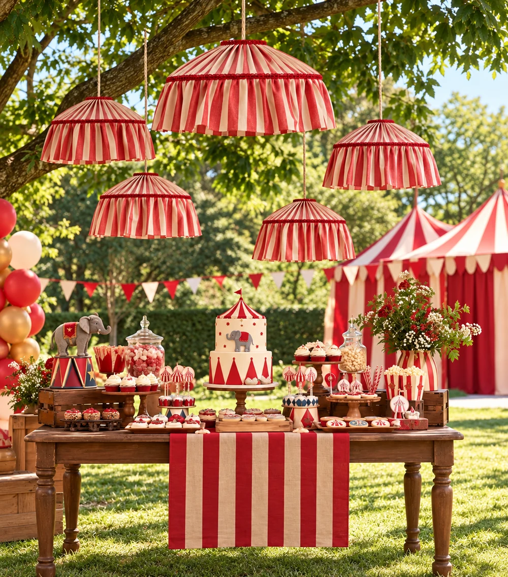 Mesa dulce al aire libre con decoración de circo diseñada por Alberto Ortega