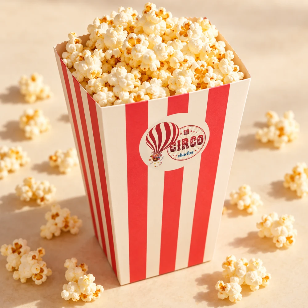 Cartón de palomitas de rayas rojas y blancas con la pegatina de Circo y palomitas caídas